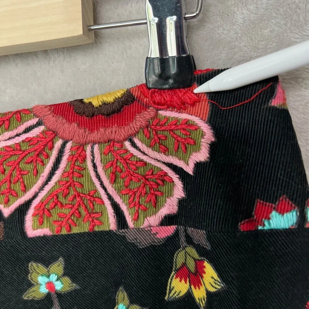 Megan Park‎ England Skirt Womens Corduroy Black Embroidered Boho Floral Y2K